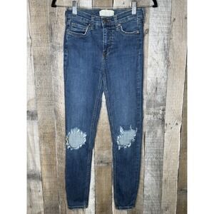 Womens Free People Medium Wash Blue Denim Distressed Skinny Jeans Size 25 R